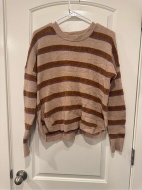 Madewell Beige Crewneck Sweater with Brown & Purple Stripes